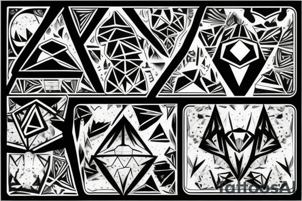 Three diamonds. Inside the first diamond is a sunny tropical beach scenery. Inside the second diamond is a desert scenery with cactus. Inside the third diamond is a mountain scenery with the moon. tattoo idea