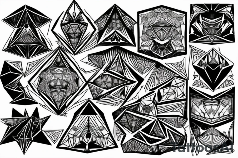 Three diamonds. Inside the first diamond is a sunny tropical beach scenery. Inside the second diamond is a desert scenery with cactus. Inside the third diamond is a mountain scenery with the moon. tattoo idea
