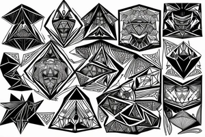 Three diamonds. Inside the first diamond is a sunny tropical beach scenery. Inside the second diamond is a desert scenery with cactus. Inside the third diamond is a mountain scenery with the moon. tattoo idea