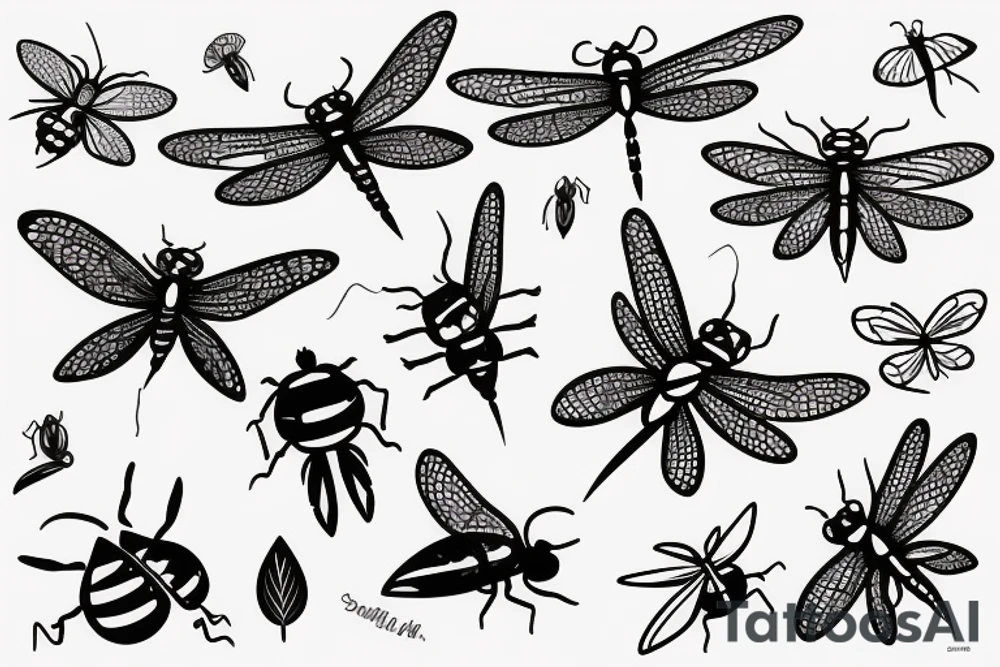 A dragonfly dripping water to a ladybug and moth tattoo idea