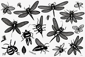 A dragonfly dripping water to a ladybug and moth tattoo idea