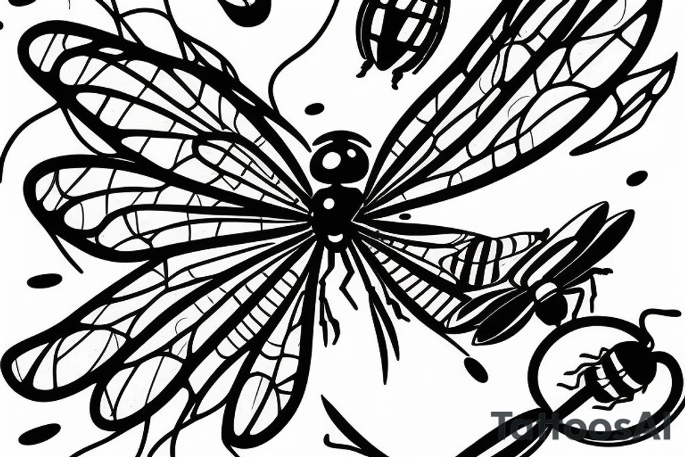 A dragonfly dripping water to a ladybug and moth tattoo idea