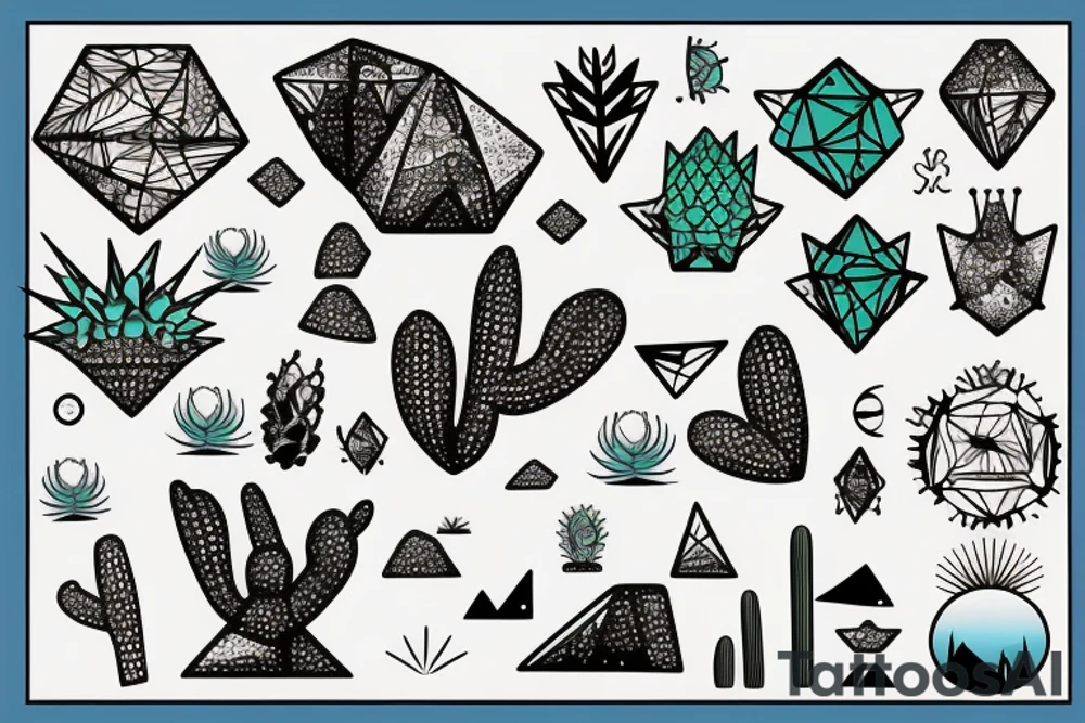 Inside the first diamond is a sunny tropical beach scenery. Inside the second diamond is a desert scenery with cactus. Inside the third diamond is a mountain scenery with the moon. tattoo idea