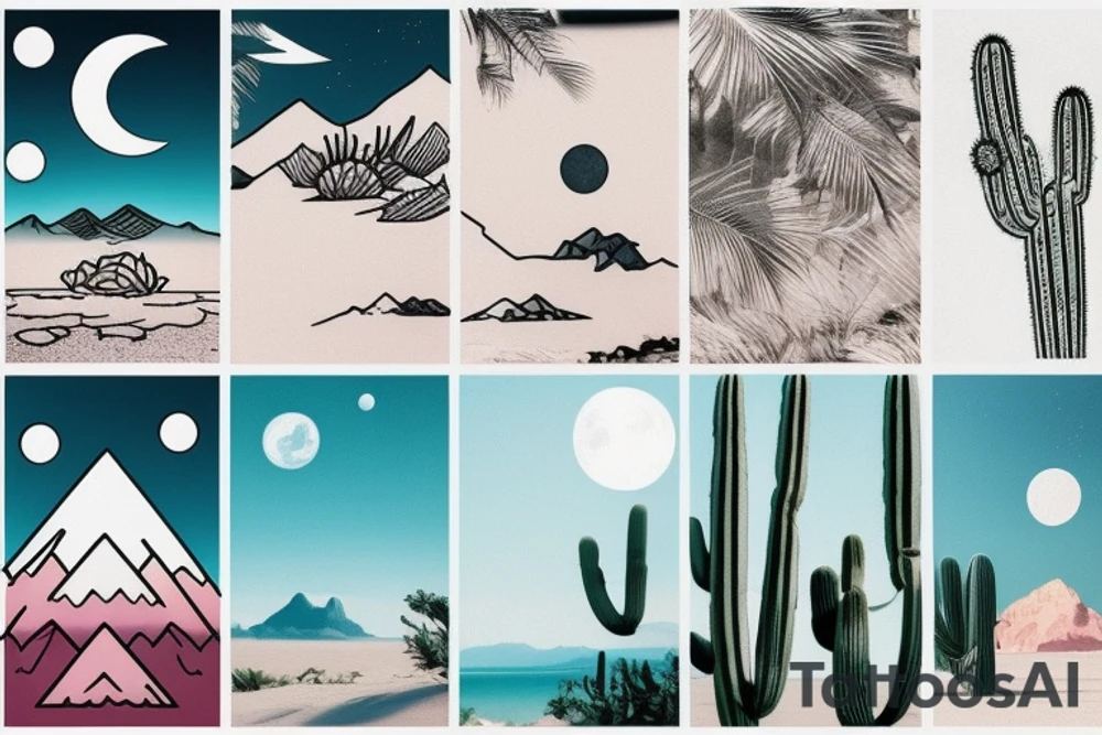 Inside the first diamond is a sunny tropical beach scenery. Inside the second diamond is a desert scenery with cactus. Inside the third diamond is a mountain scenery with the moon. tattoo idea