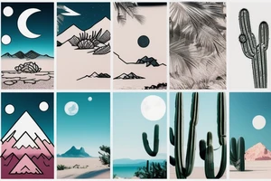 Inside the first diamond is a sunny tropical beach scenery. Inside the second diamond is a desert scenery with cactus. Inside the third diamond is a mountain scenery with the moon. tattoo idea