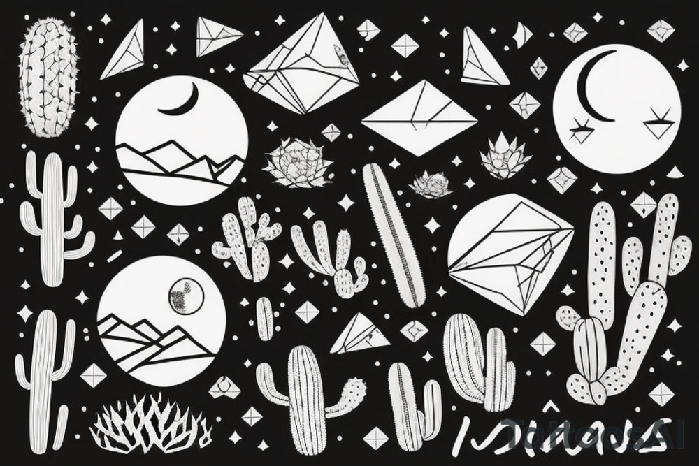 Inside the first diamond is a sunny tropical beach scenery. Inside the second diamond is a desert scenery with cactus. Inside the third diamond is a mountain scenery with the moon. tattoo idea