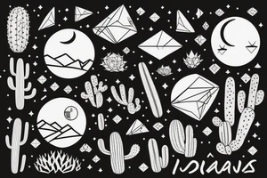 Inside the first diamond is a sunny tropical beach scenery. Inside the second diamond is a desert scenery with cactus. Inside the third diamond is a mountain scenery with the moon. tattoo idea