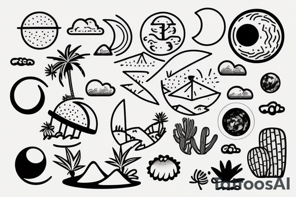 Inside the first circle is a sunny tropical beach scenery. Inside the second circle is a desert scenery with cactus. Inside the third circle is a mountain scenery with the moon. tattoo idea