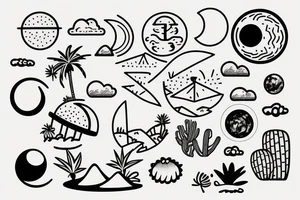 Inside the first circle is a sunny tropical beach scenery. Inside the second circle is a desert scenery with cactus. Inside the third circle is a mountain scenery with the moon. tattoo idea