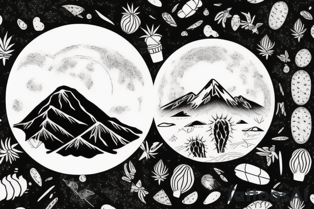 Inside the first circle is a sunny tropical beach scenery. Inside the second circle is a desert scenery with cactus. Inside the third circle is a mountain scenery with the moon. tattoo idea