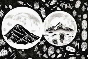 Inside the first circle is a sunny tropical beach scenery. Inside the second circle is a desert scenery with cactus. Inside the third circle is a mountain scenery with the moon. tattoo idea