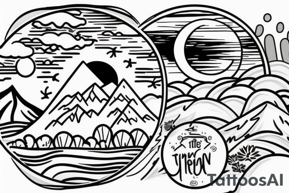 Inside the first circle is a sunny tropical beach scenery. Inside the second circle is a desert scenery with cactus. Inside the third circle is a mountain scenery with the moon. tattoo idea