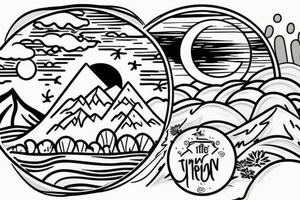 Inside the first circle is a sunny tropical beach scenery. Inside the second circle is a desert scenery with cactus. Inside the third circle is a mountain scenery with the moon. tattoo idea