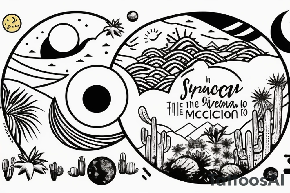 Inside the first circle is a sunny tropical beach scenery. Inside the second circle is a desert scenery with cactus. Inside the third circle is a mountain scenery with the moon. tattoo idea