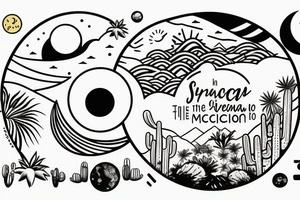 Inside the first circle is a sunny tropical beach scenery. Inside the second circle is a desert scenery with cactus. Inside the third circle is a mountain scenery with the moon. tattoo idea
