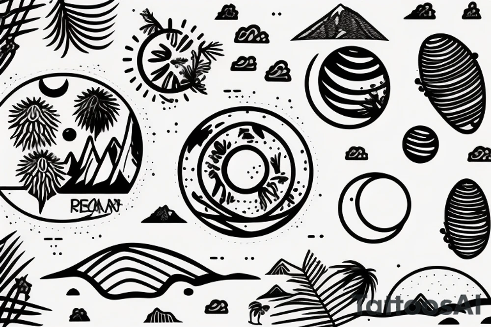 Inside the first circle is a sunny tropical beach scenery. Inside the second circle is a desert scenery with cactus. Inside the third circle is a mountain scenery with the moon. tattoo idea