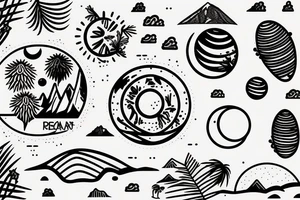 Inside the first circle is a sunny tropical beach scenery. Inside the second circle is a desert scenery with cactus. Inside the third circle is a mountain scenery with the moon. tattoo idea