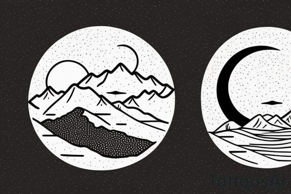 Inside the first circle is a sunny tropical beach scenery. Inside the second circle is a desert scenery with cactus. Inside the third circle is a mountain scenery with the moon. tattoo idea