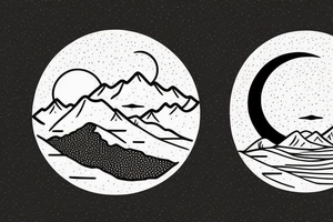 Inside the first circle is a sunny tropical beach scenery. Inside the second circle is a desert scenery with cactus. Inside the third circle is a mountain scenery with the moon. tattoo idea