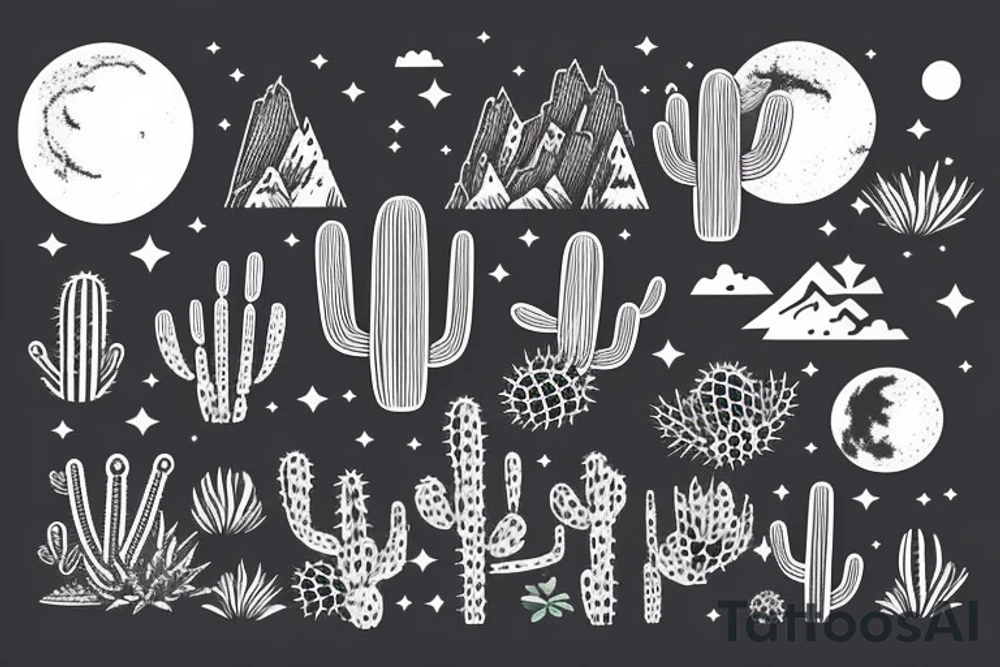 A sunny tropical beach, the desert with cactus, and mountains with a moon. tattoo idea