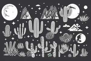 A sunny tropical beach, the desert with cactus, and mountains with a moon. tattoo idea