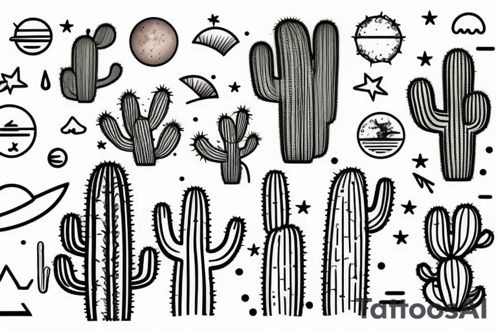 A sunny tropical beach, the desert with cactus, and mountains with a moon. tattoo idea