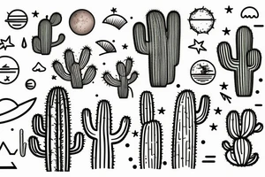 A sunny tropical beach, the desert with cactus, and mountains with a moon. tattoo idea