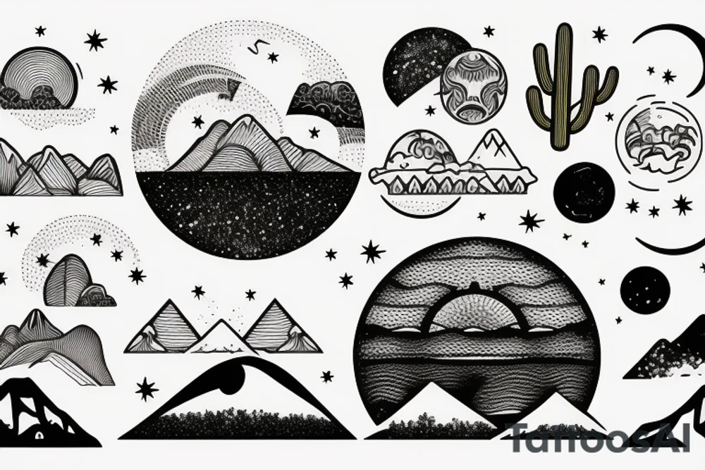 A sunny tropical beach, the desert with cactus, and mountains with a moon. tattoo idea