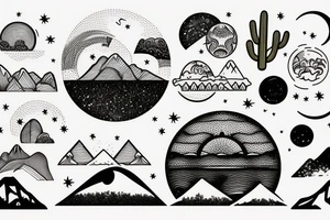 A sunny tropical beach, the desert with cactus, and mountains with a moon. tattoo idea
