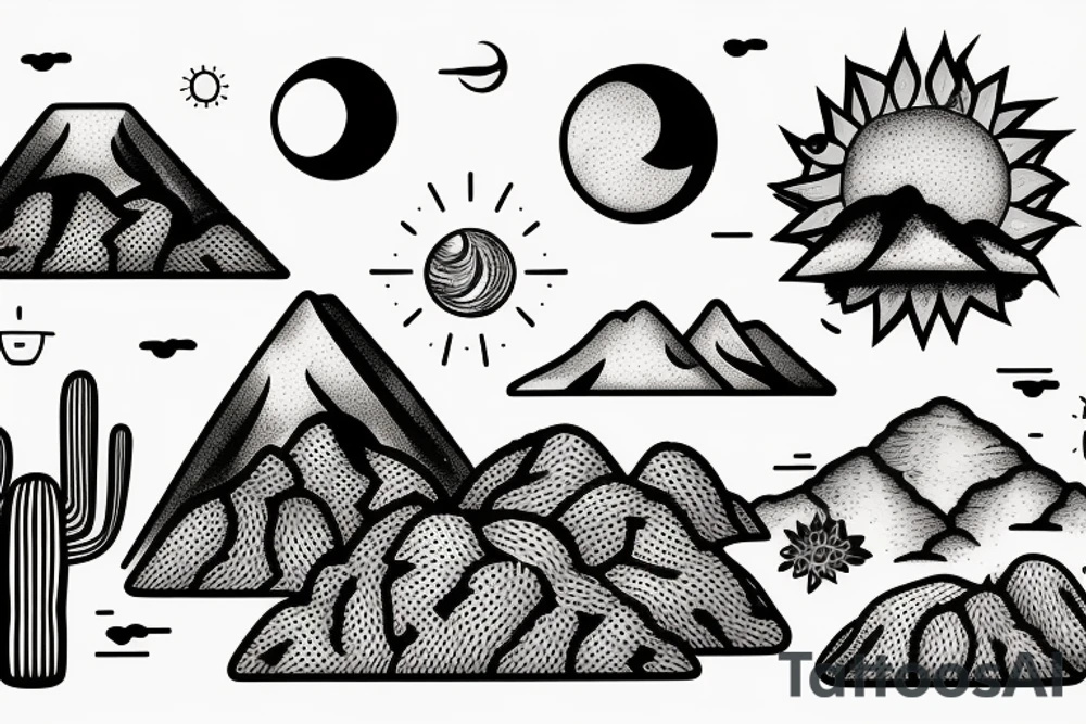 A sunny tropical beach, the desert with cactus, and mountains with a moon. tattoo idea
