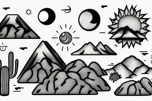 A sunny tropical beach, the desert with cactus, and mountains with a moon. tattoo idea