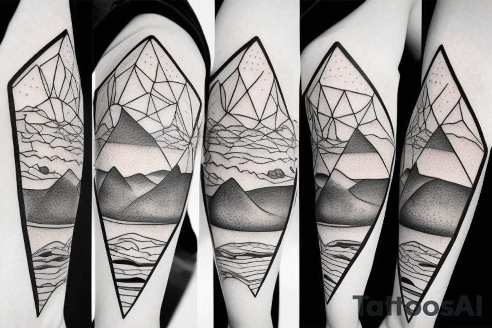 a beach, the dessert, and the mountains, inside a geometric shape tattoo idea
