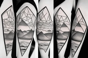 a beach, the dessert, and the mountains, inside a geometric shape tattoo idea