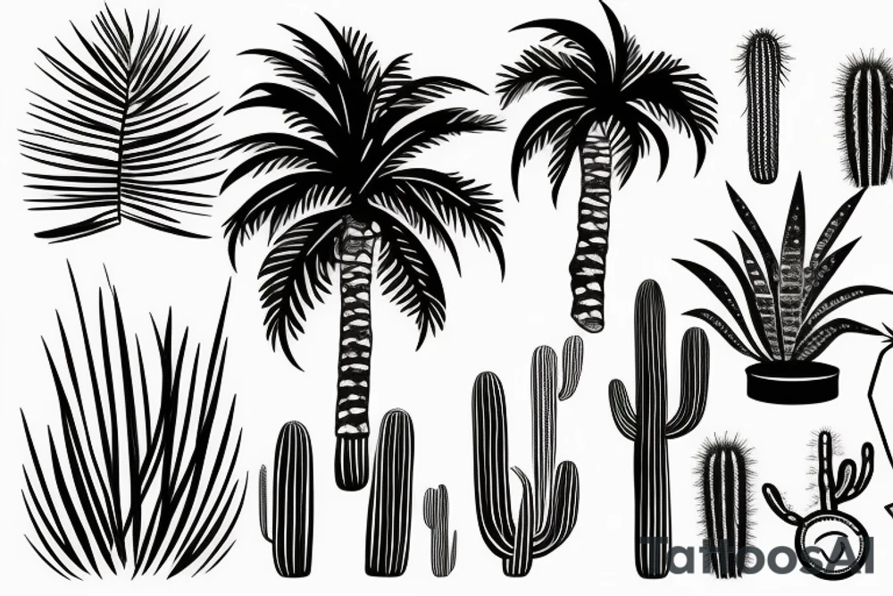 A travel tattoo with a palm tree, a cactus, and pine tree tattoo idea