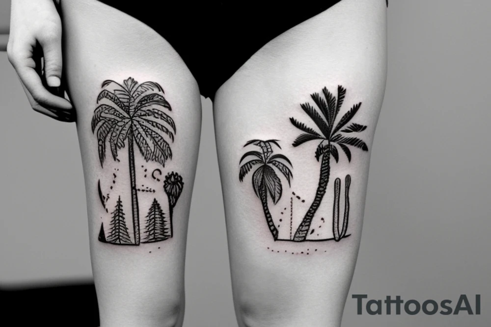 A travel tattoo with a palm tree, a cactus, and pine tree tattoo idea