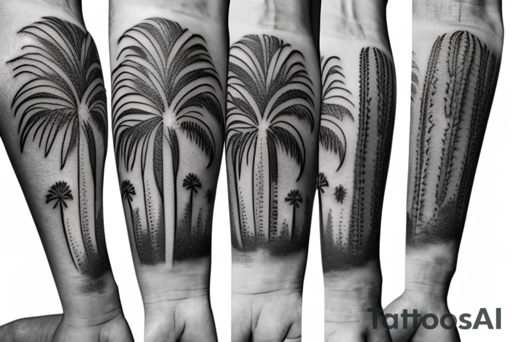 A travel tattoo with a palm tree, a cactus, and pine tree tattoo idea