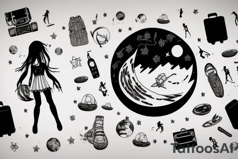 girl standing on the moon with her luggage tattoo idea