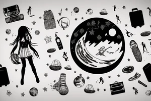 girl standing on the moon with her luggage tattoo idea