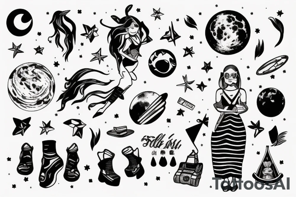 girl standing on the moon carrying her luggage tattoo idea