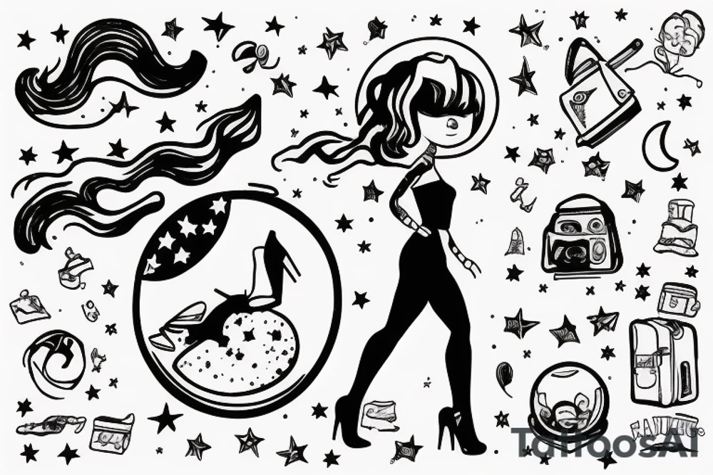 girl walking on the moon carrying her luggage tattoo idea