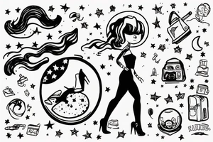 girl walking on the moon carrying her luggage tattoo idea