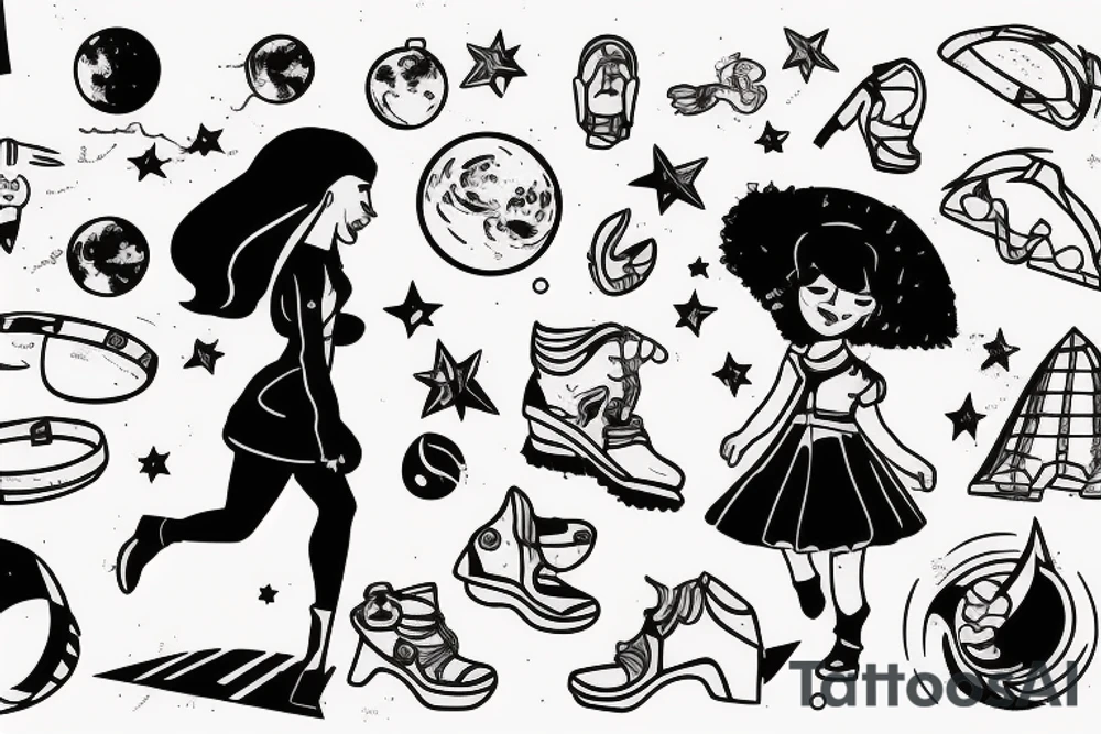 girl walking on the moon carrying her luggage tattoo idea