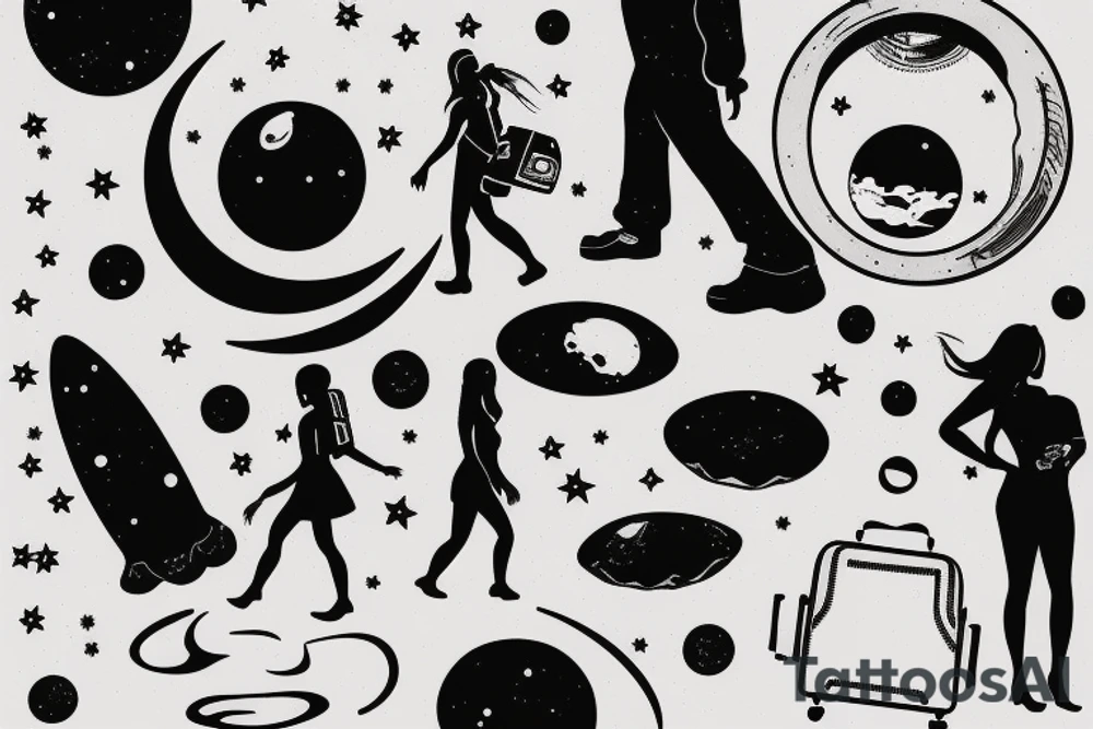 girl walking on the moon carrying her luggage tattoo idea