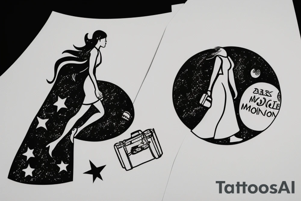 Woman walking on the moon carrying her luggage tattoo idea