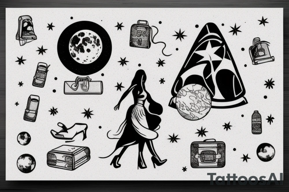 Woman walking on the moon with luggage tattoo idea