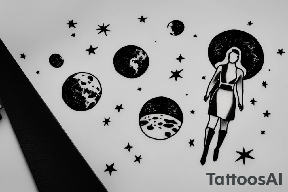 Woman walking on the moon with luggage tattoo idea