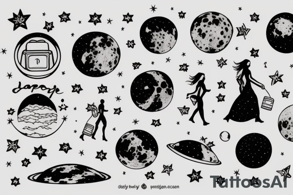 Woman walking on the moon with luggage tattoo idea