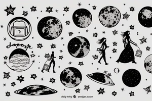 Woman walking on the moon with luggage tattoo idea
