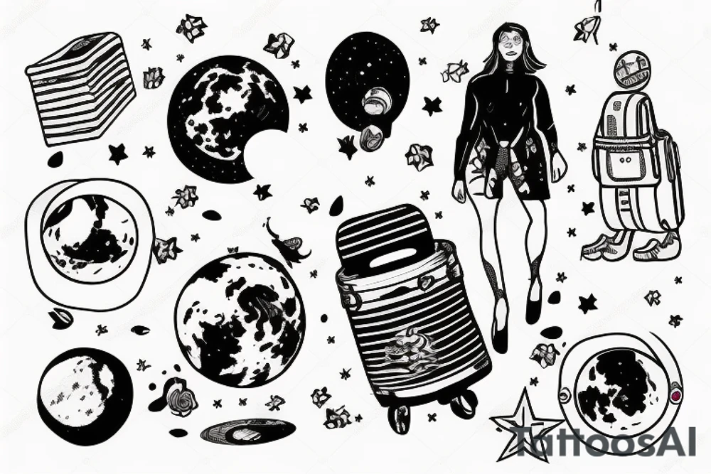 Woman walking on the moon with luggage tattoo idea