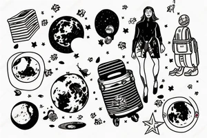 Woman walking on the moon with luggage tattoo idea